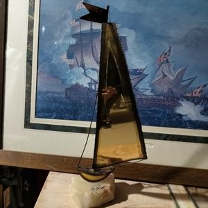John Demott Brutalist Sailboat Brass Sails SculptureStone Base VTG MCM Signed.